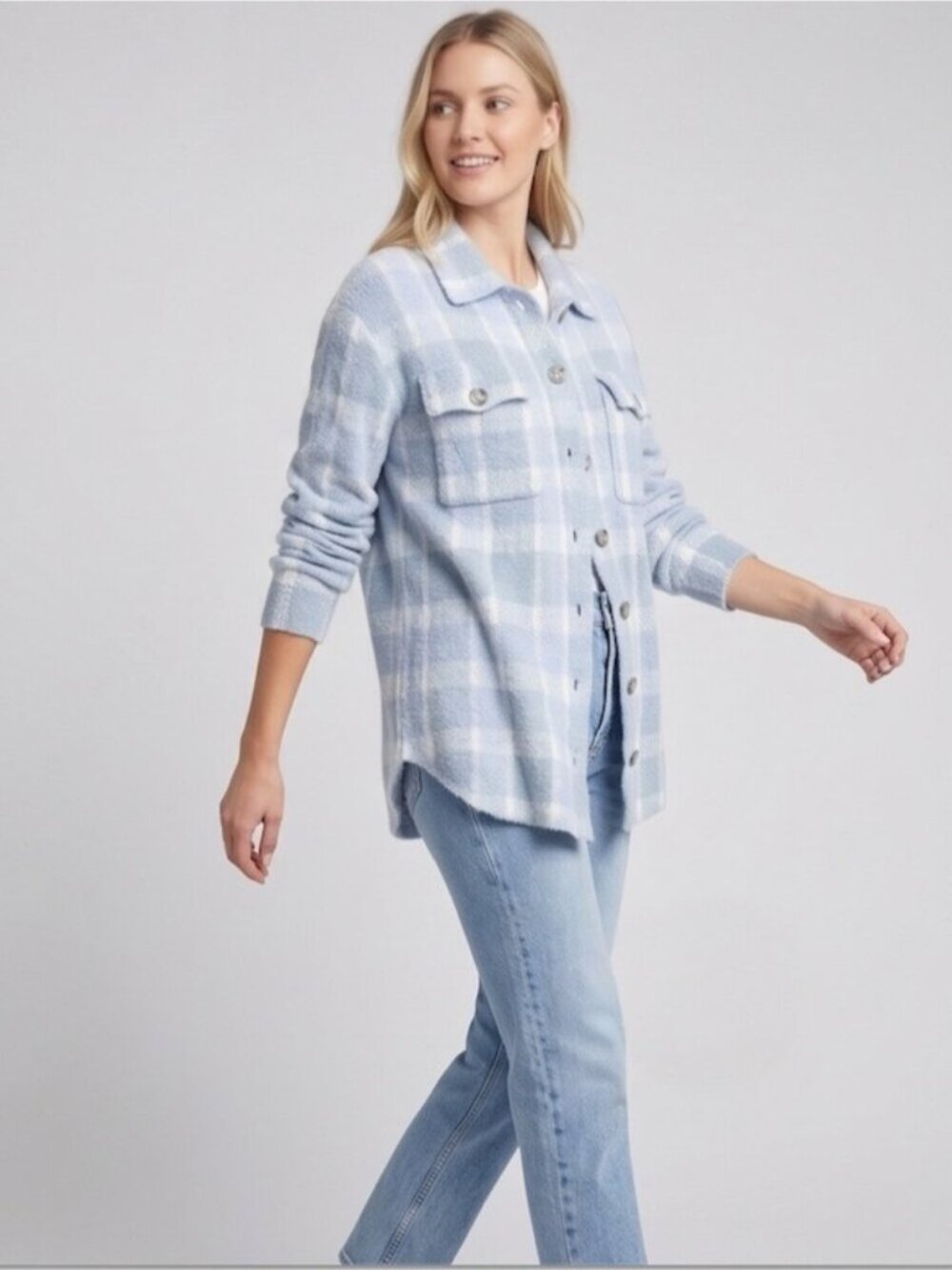 William Rast Light Blue & White Plaid Textured Button-Front Sweater L - Picture 2 of 6